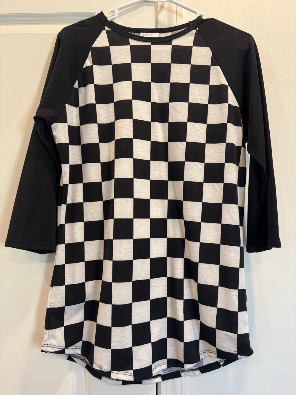 Lularoe Black and White Checkerboard Raglan Top